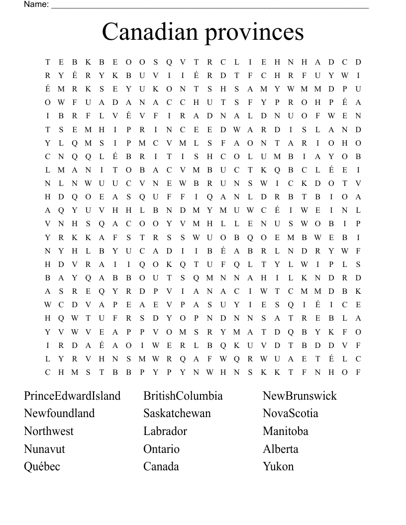 Canadian Provinces Word Search WordMint