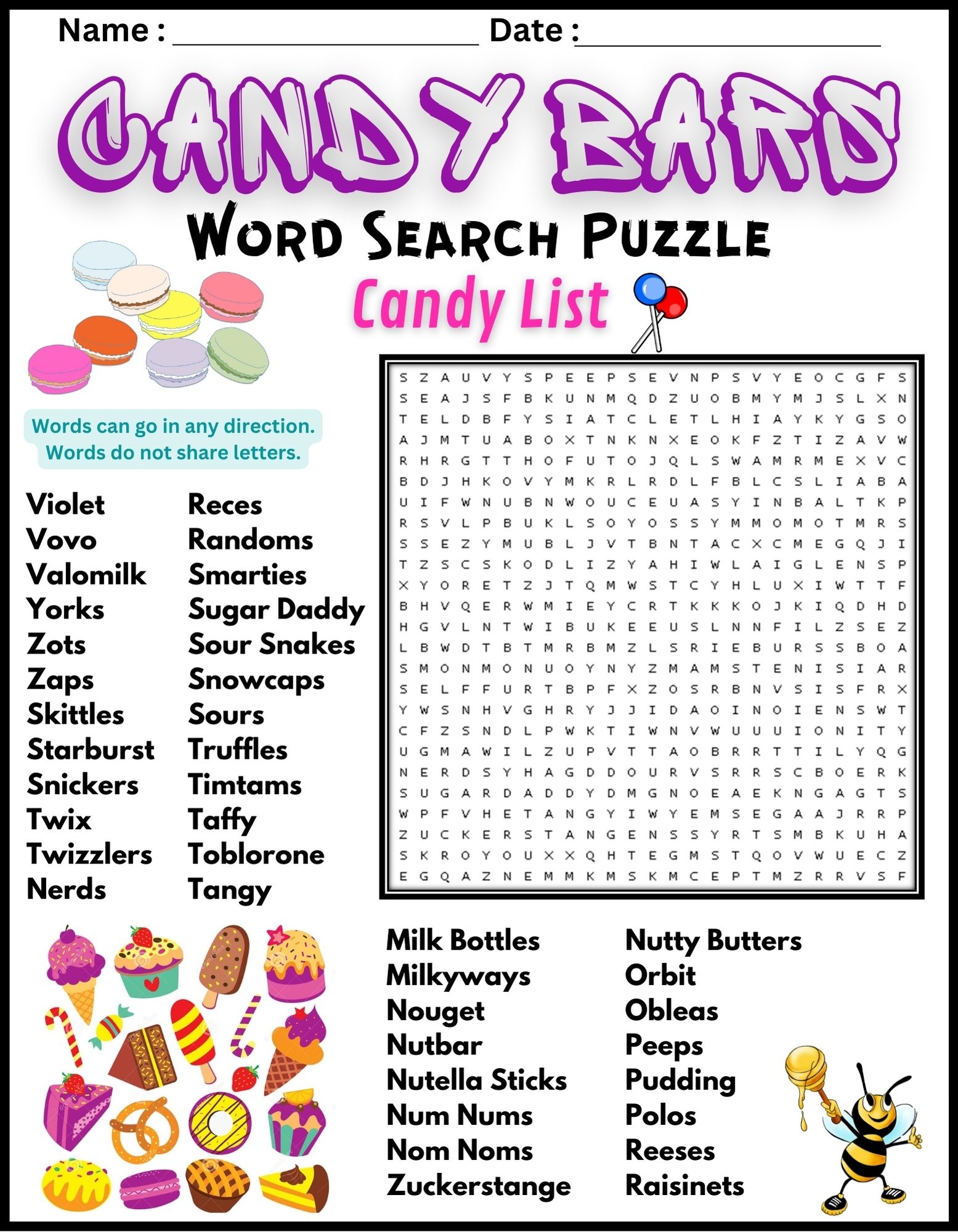 CANDY BARS Word Search Puzzle Worksheet Activity Candy List Made By Teachers