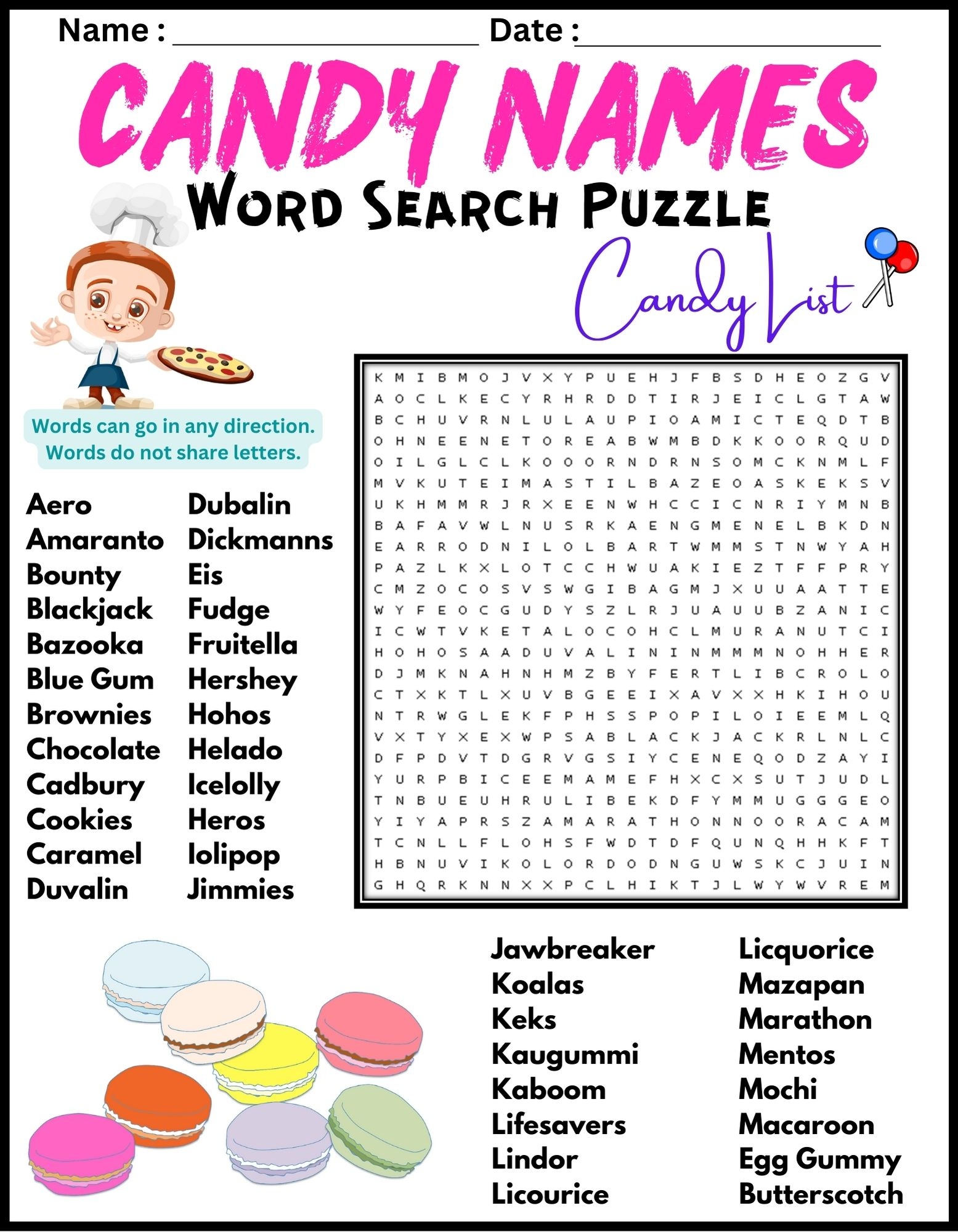 Candy Word Search Printable