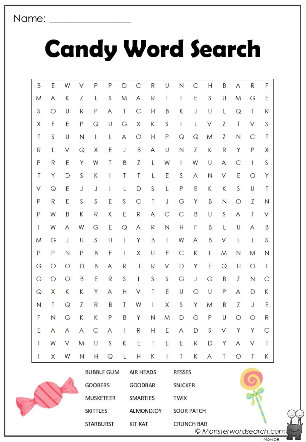 Candy Word Search Monster Word Search