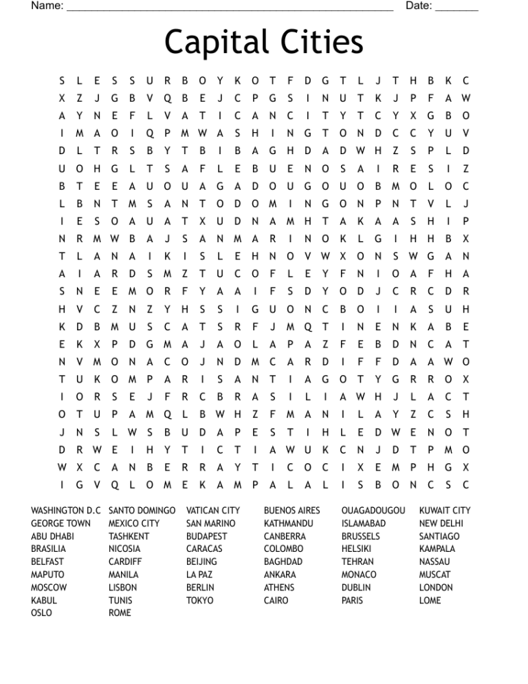 Capital Cities Word Search WordMint