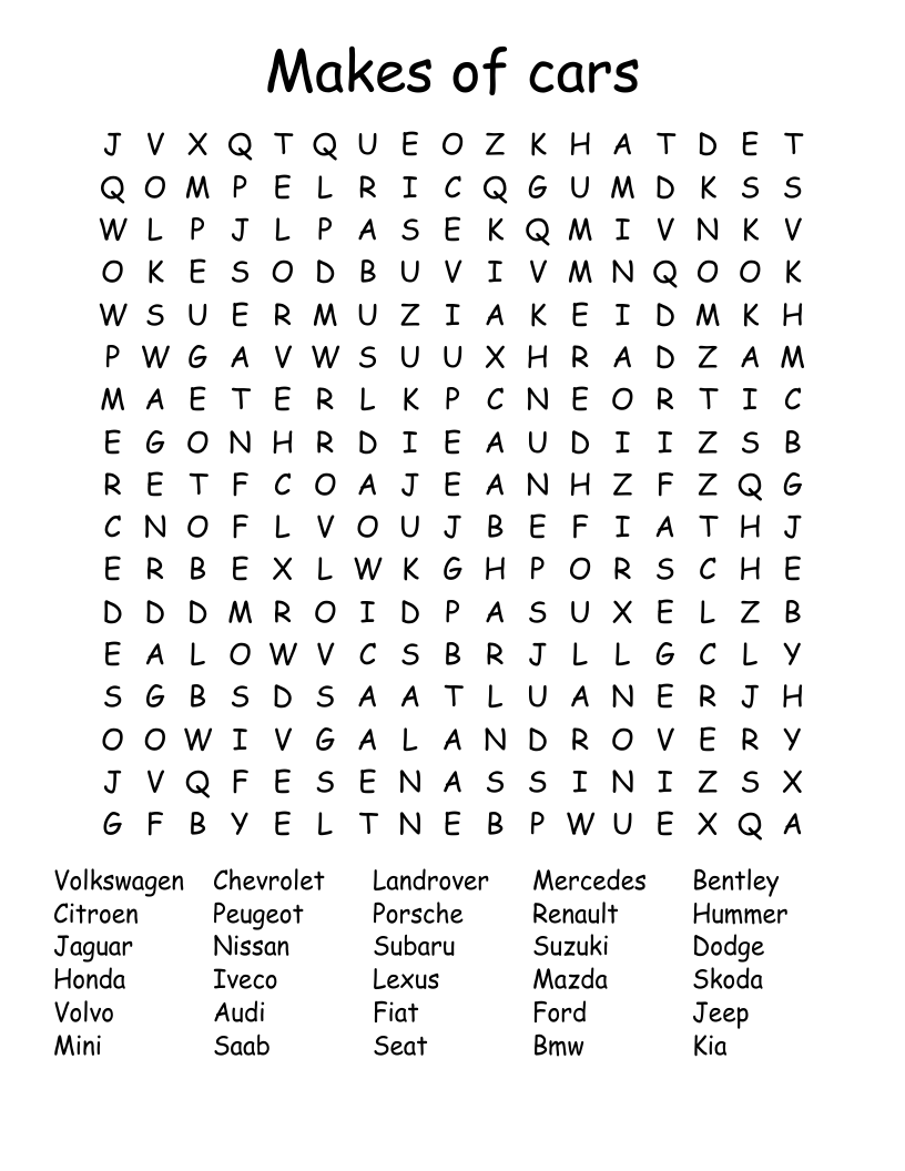 Car Brands Word Search WordMint