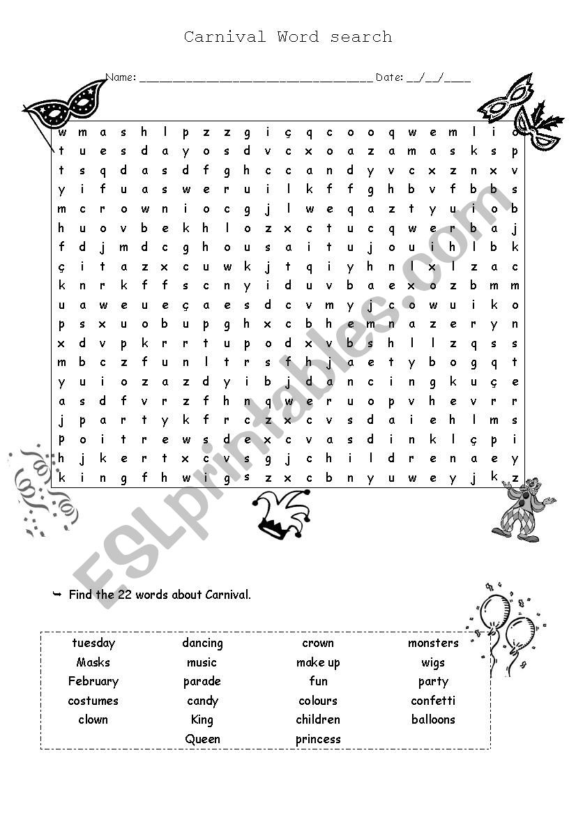 Free Printable Word Search For Carnival