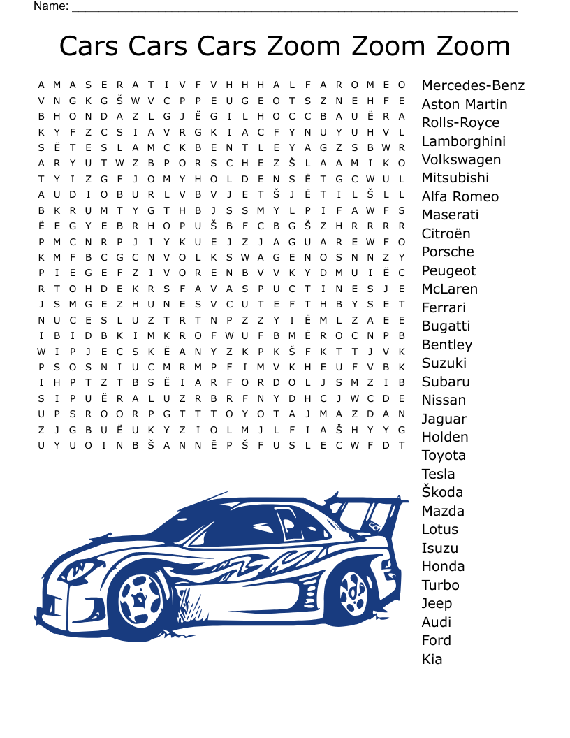 Word Search Cars Printable