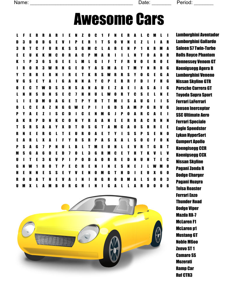 Cars Word Search WordMint