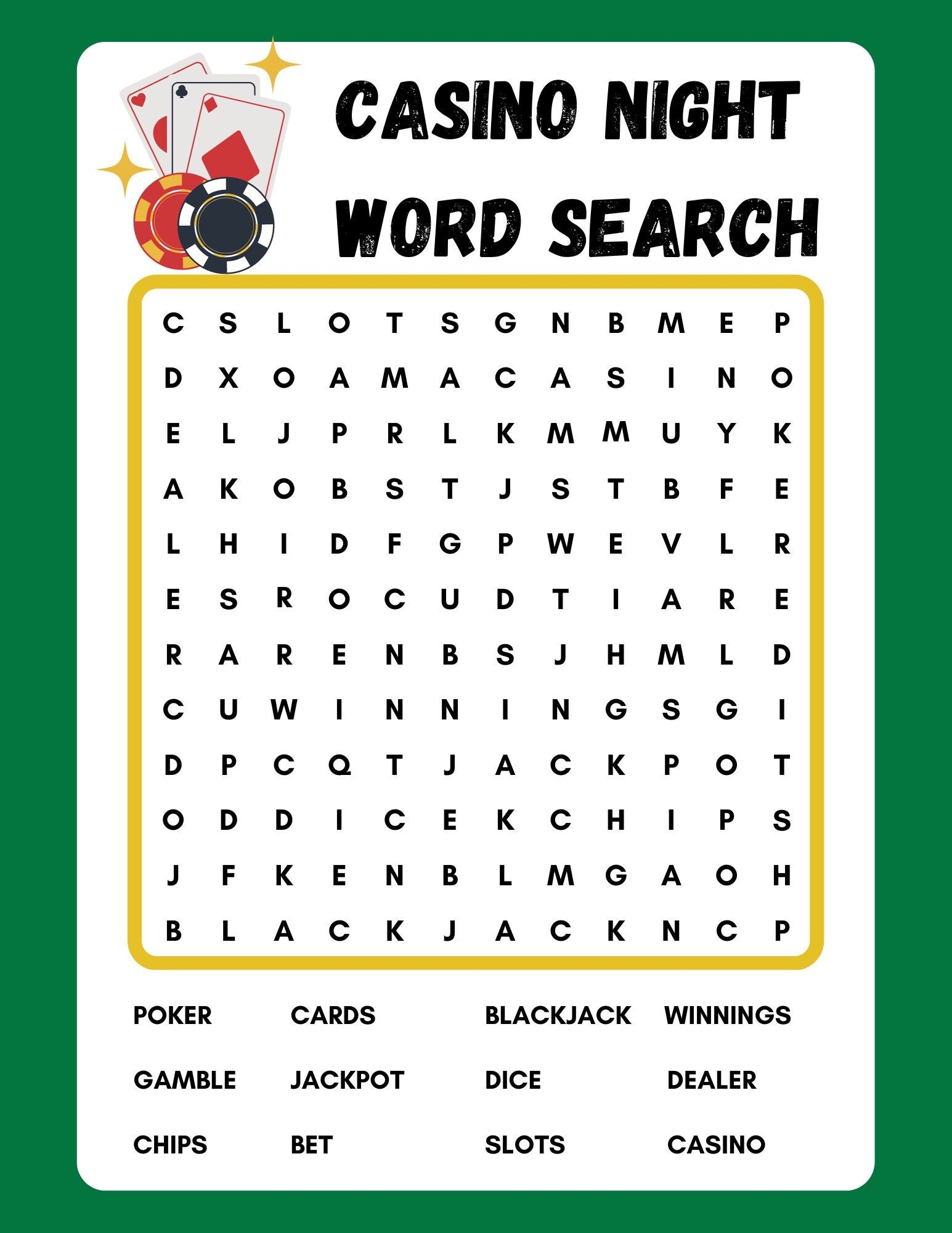 Casino Night Word Search Printable Instant Download PDF Etsy Canada