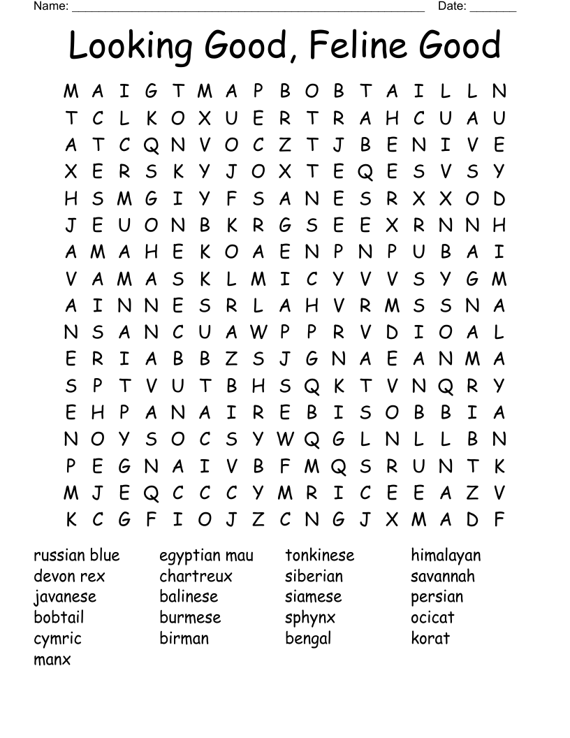 Cat Breeds Word Search WordMint