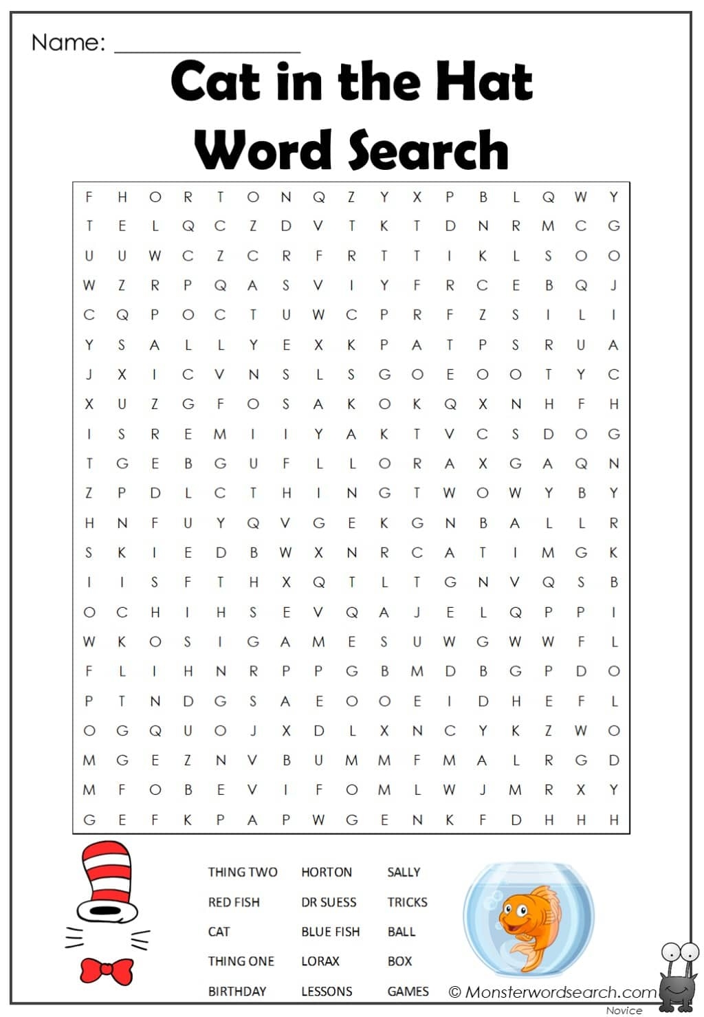Cat In The Hat Word Search Monster Word Search