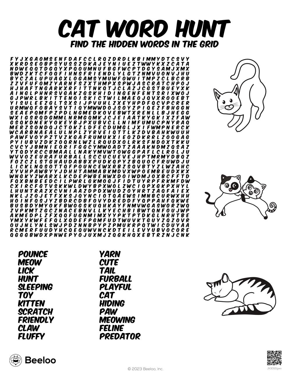 Cat Shaped Word Search Printable