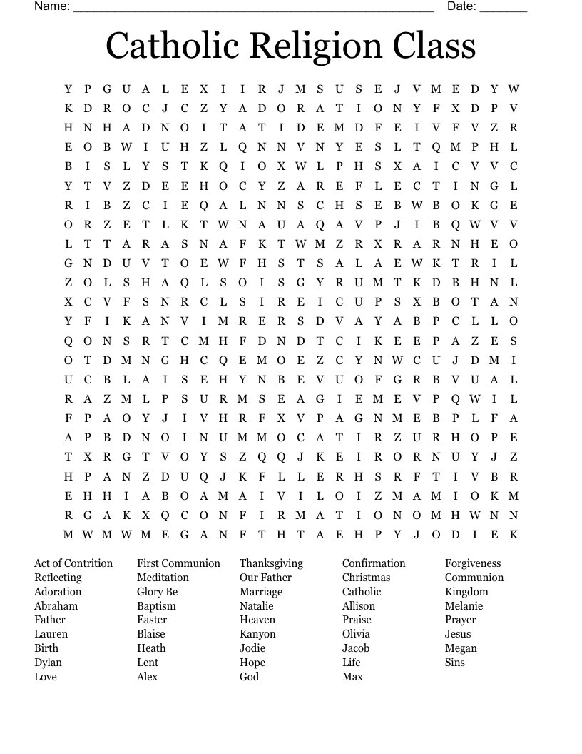 Catholic Religion Class Word Search WordMint