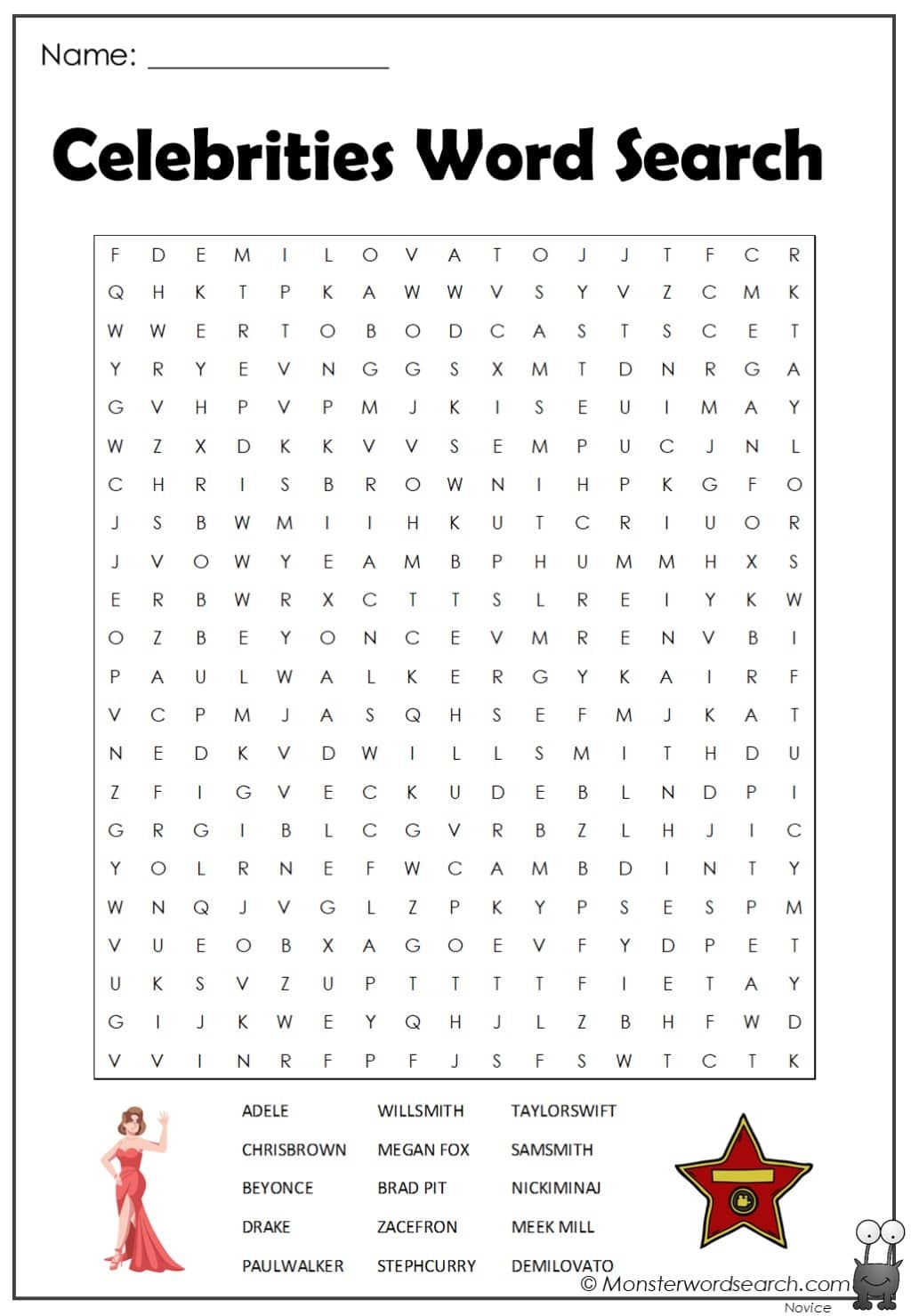 Celebrities Word Search Monster Word Search
