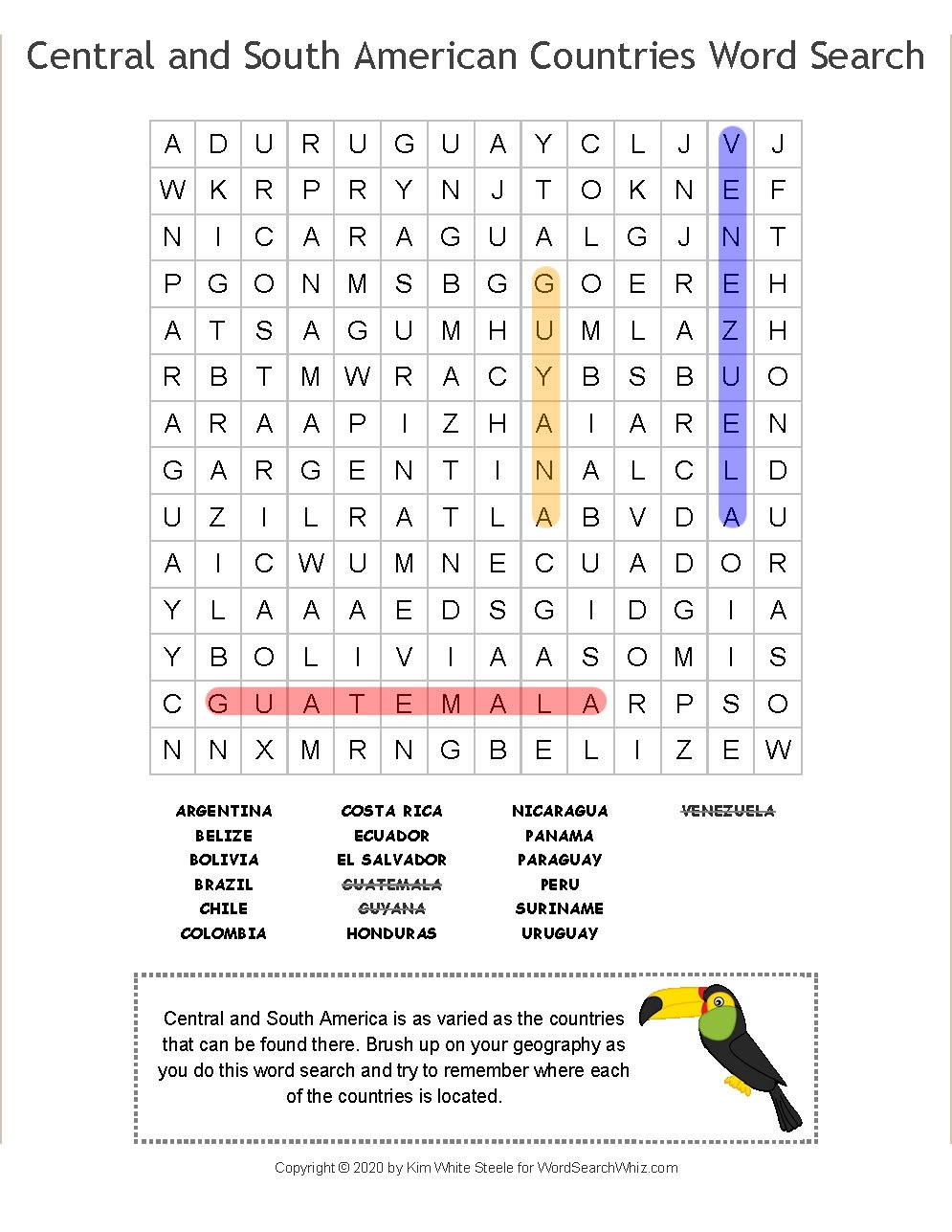 Central And South American Countries Word Search