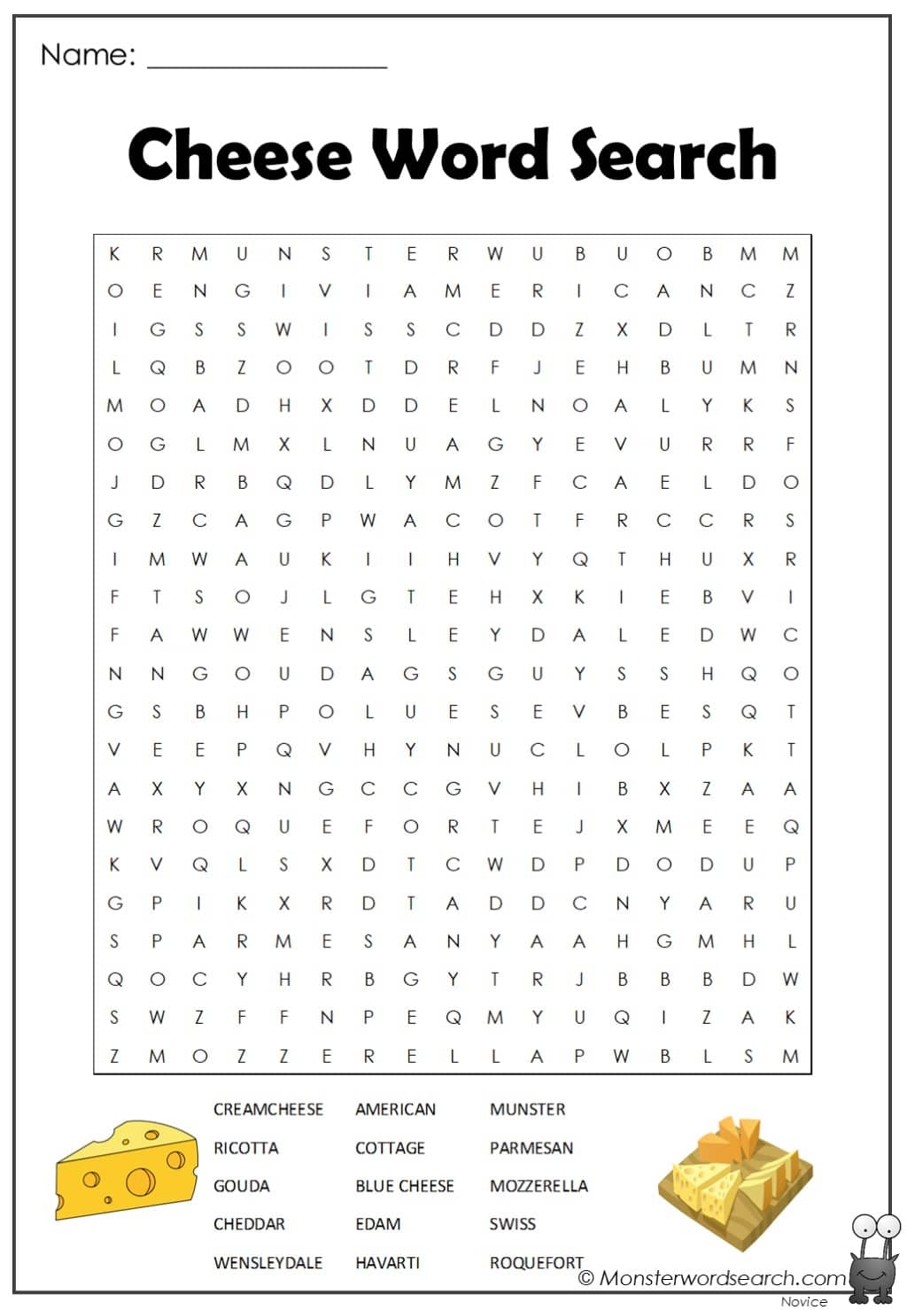 Cheese Word Search Monster Word Search