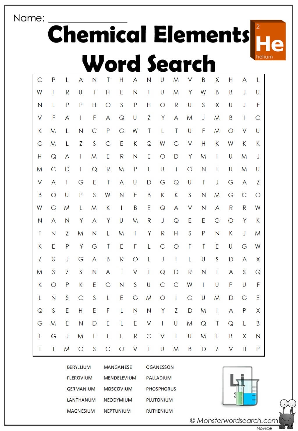 Chemical Elements Word Search Monster Word Search