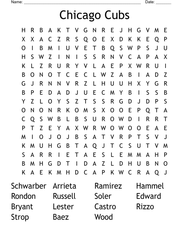 Chicago Cubs Word Search WordMint
