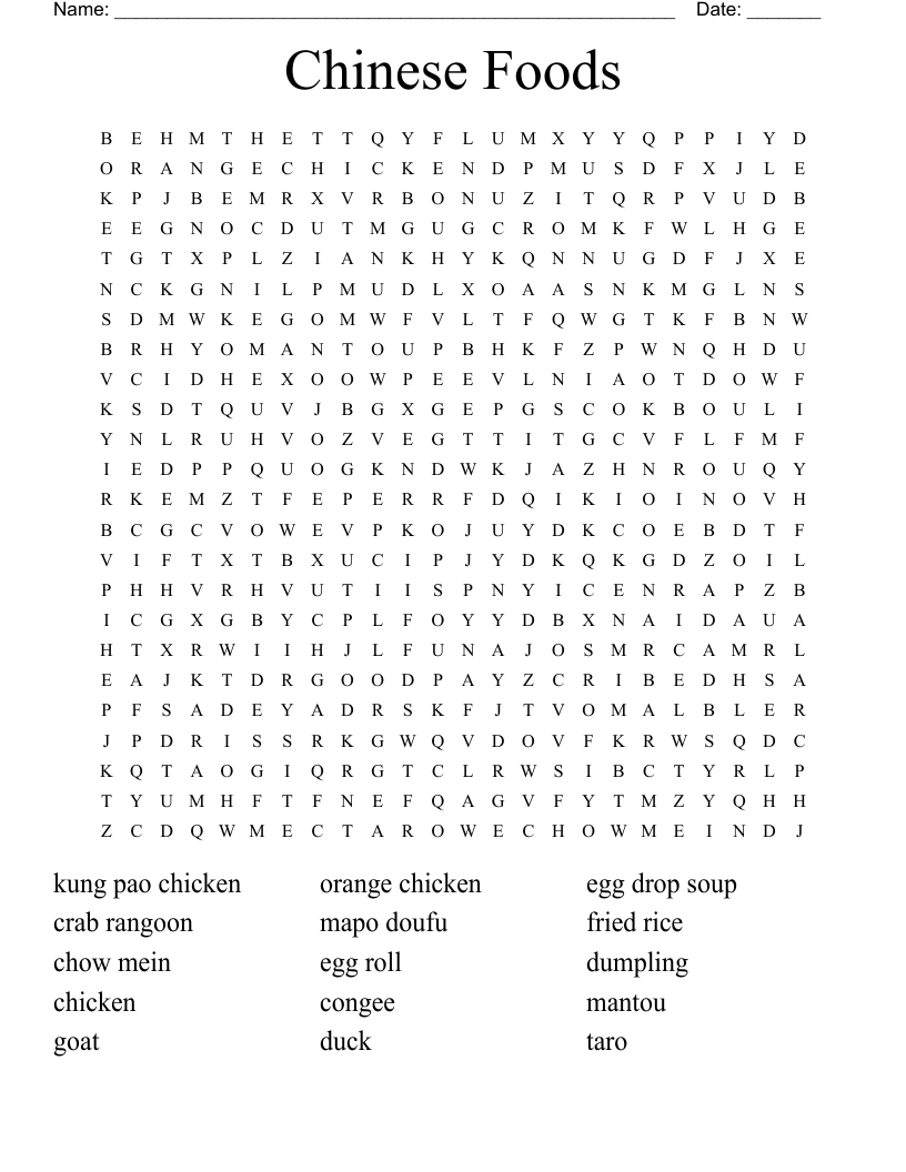 Chinese Foods Word Search WordMint