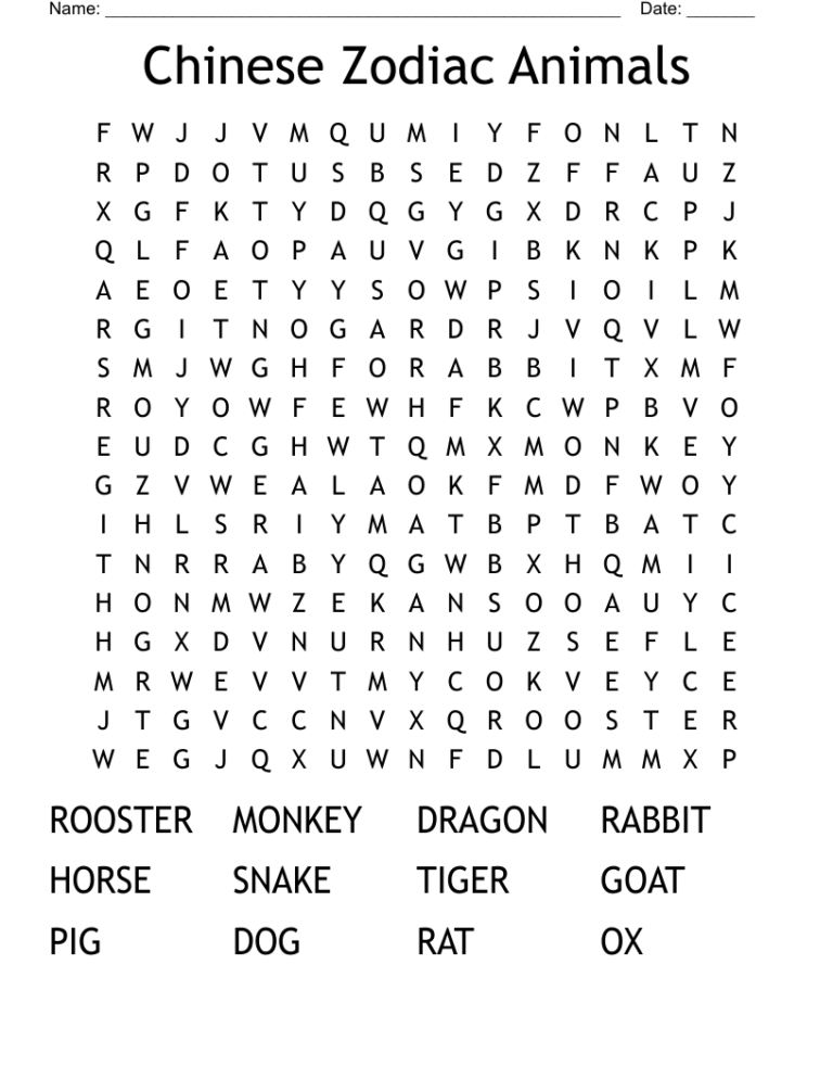 Chinese Zodiac Animals Word Search WordMint