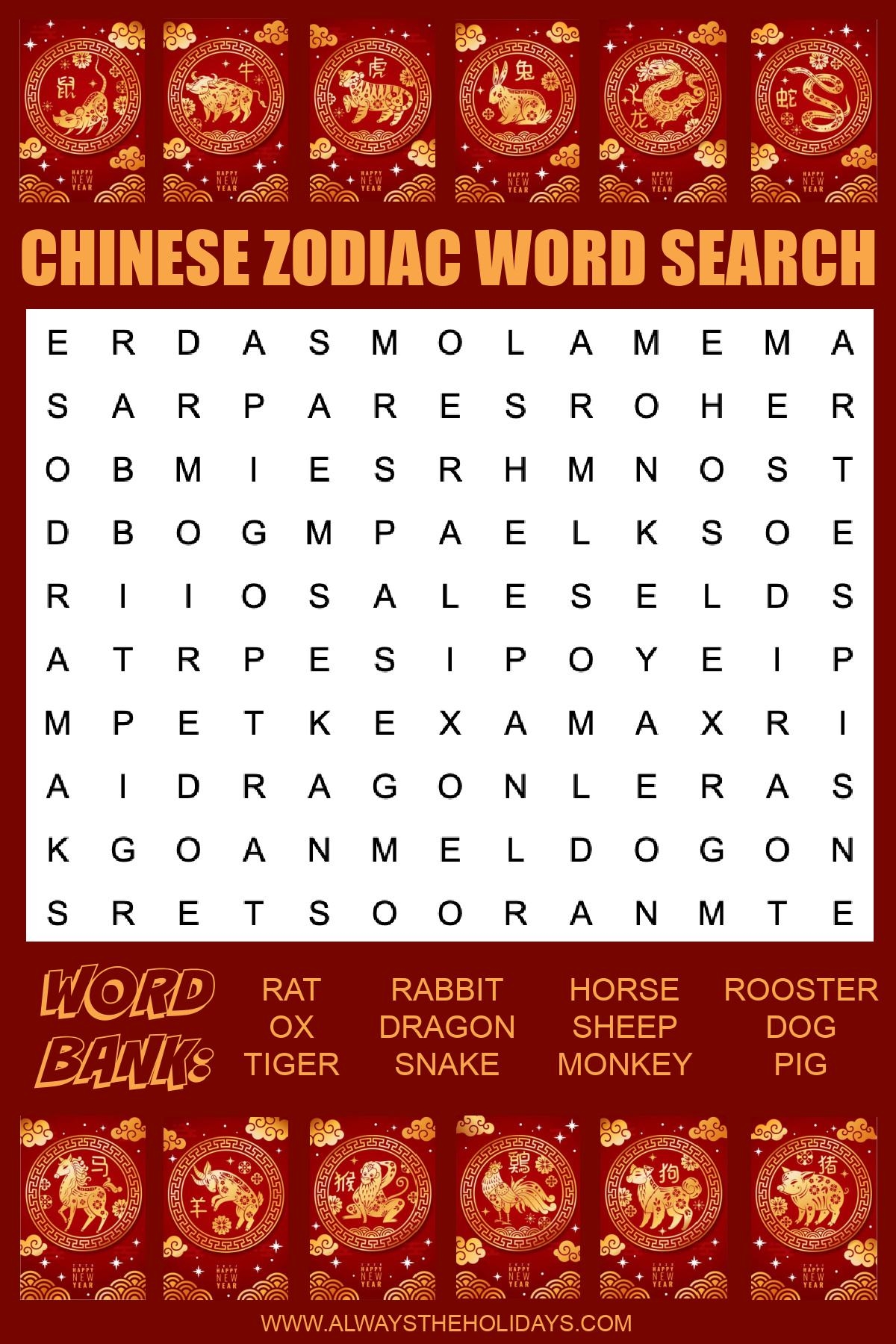 Chinese Zodiac Word Search With The 12 Chinese Zodiac Animals