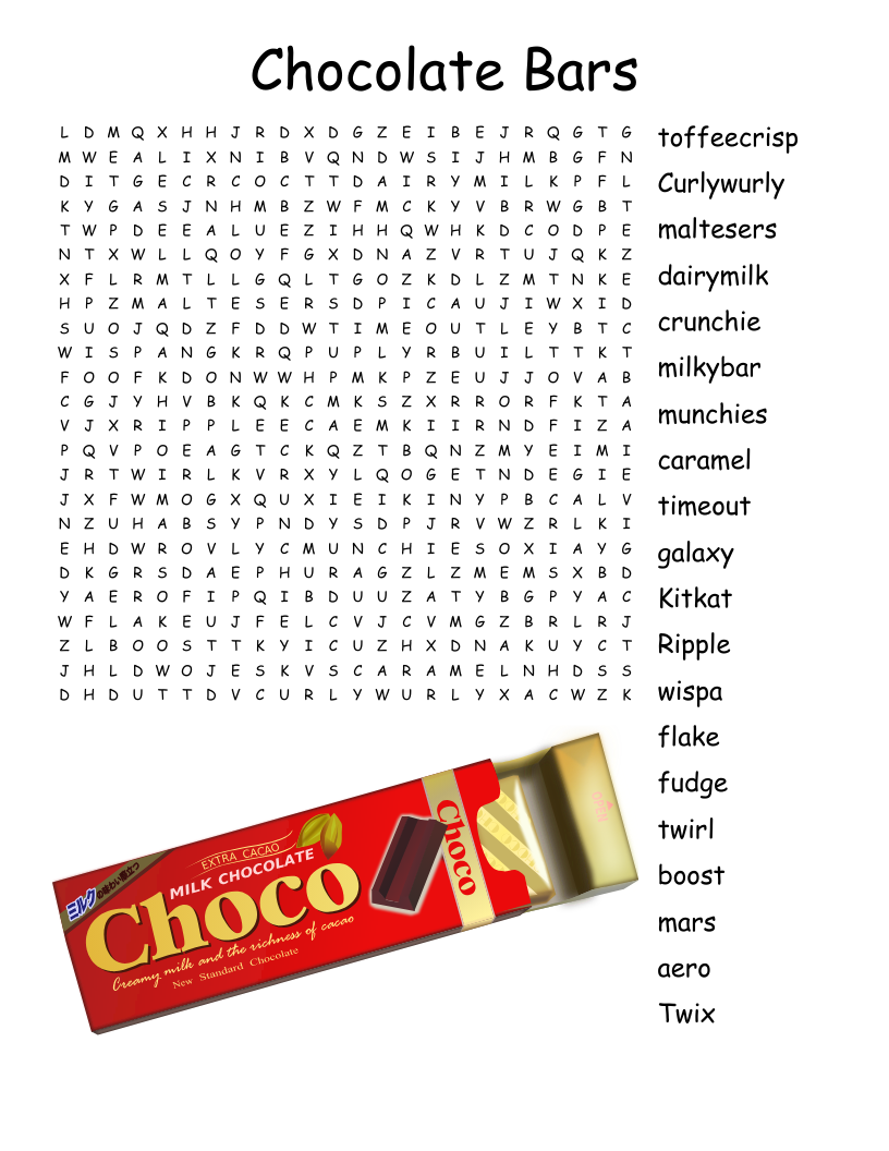 Chocolate Bars Word Search WordMint