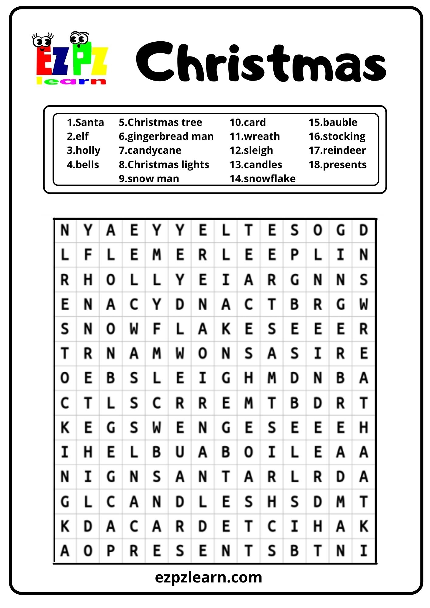 Christmas Holiday Word Search Ezpzlearn