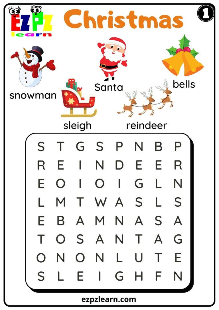 Christmas Holiday Word Search Set 1 For Kids K5 And ESL Free PDF Download Ezpzlearn