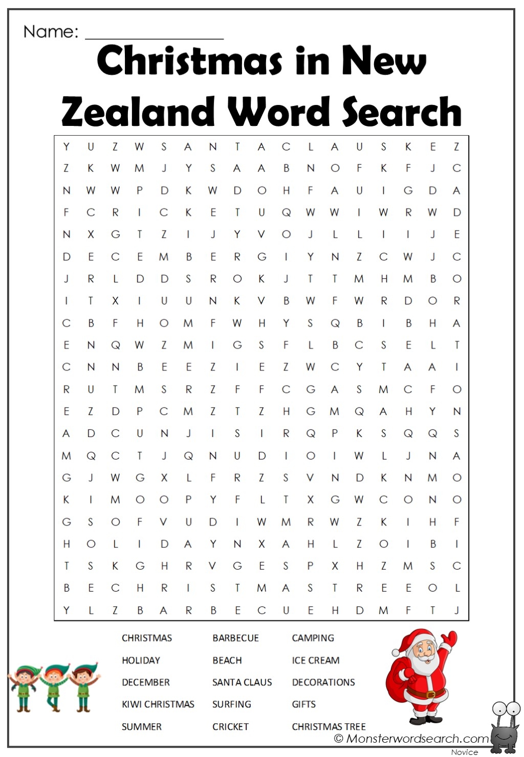 Christmas In New Zealand Word Search Monster Word Search