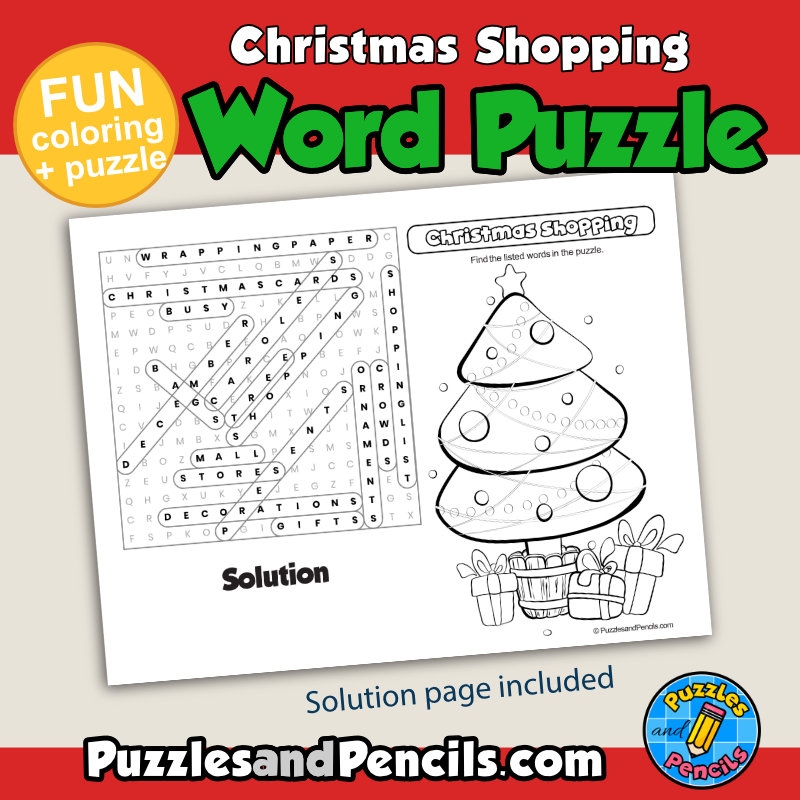 Christmas Shopping Word Search Puzzle Activity Page With Coloring 