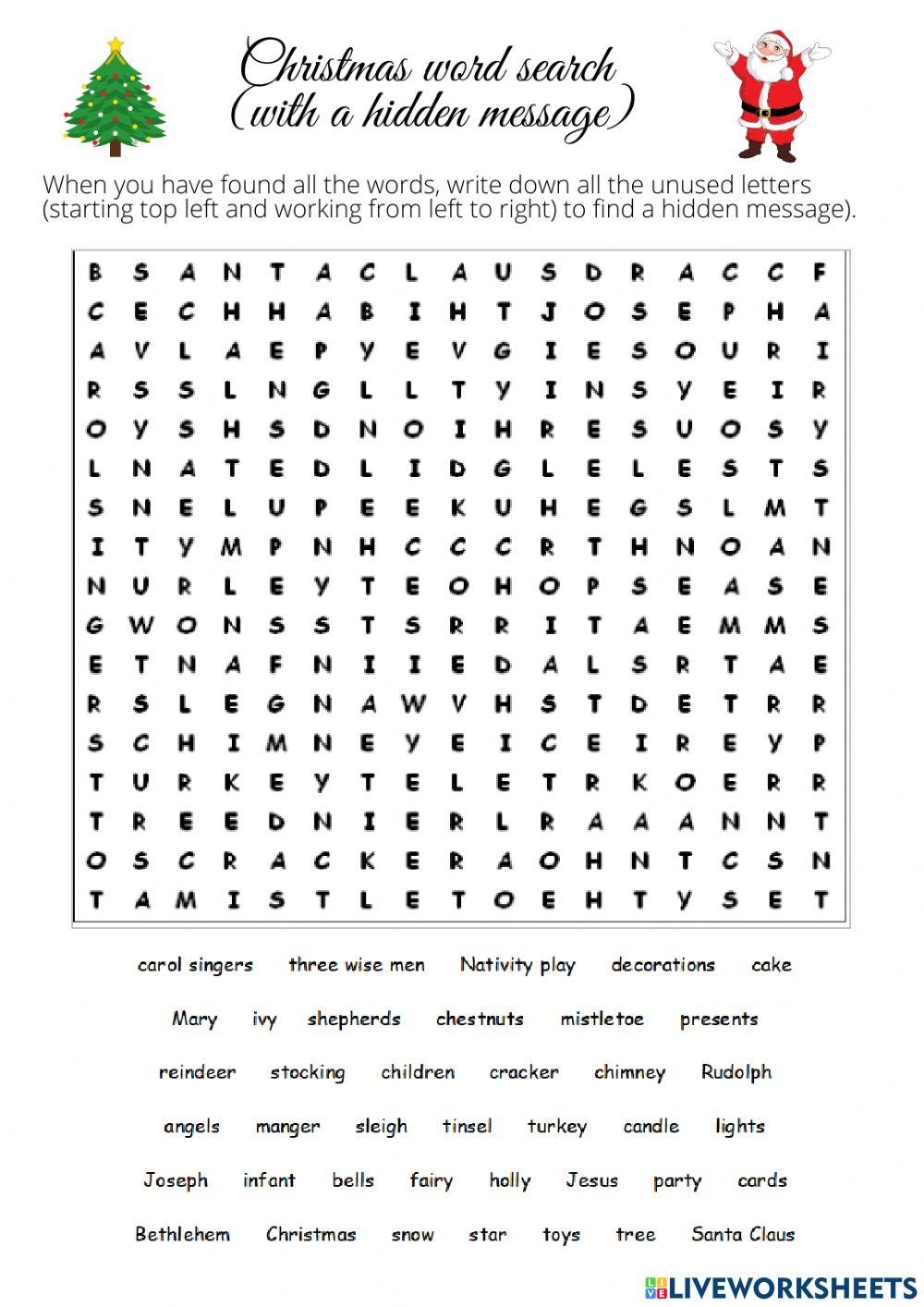 Christmas Wordsearch With Hidden Message Online Exercise For Worksheets Library