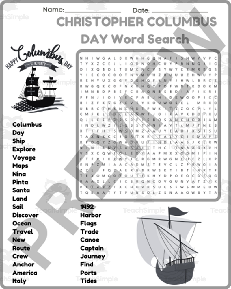 CHRISTOPHER COLUMBUS DAY Word Search Puzzle Worksheet Activity