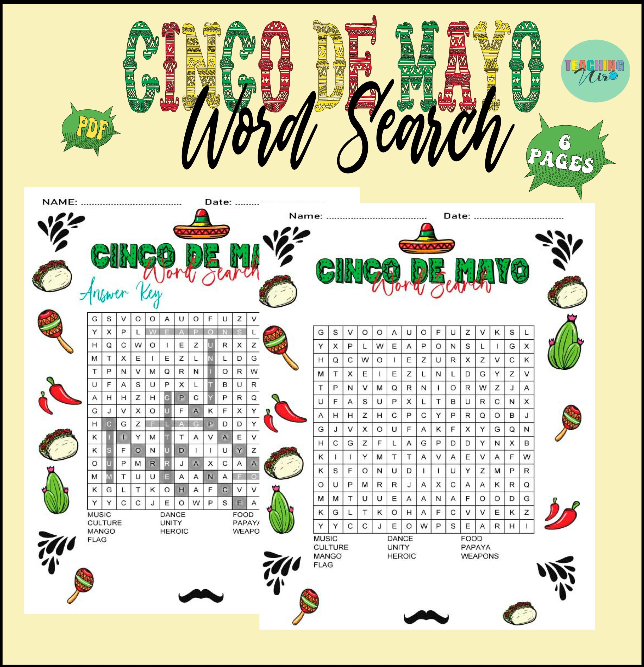 Cinco De Mayo Word Search Puzzle For Kids With Mexican Culture 