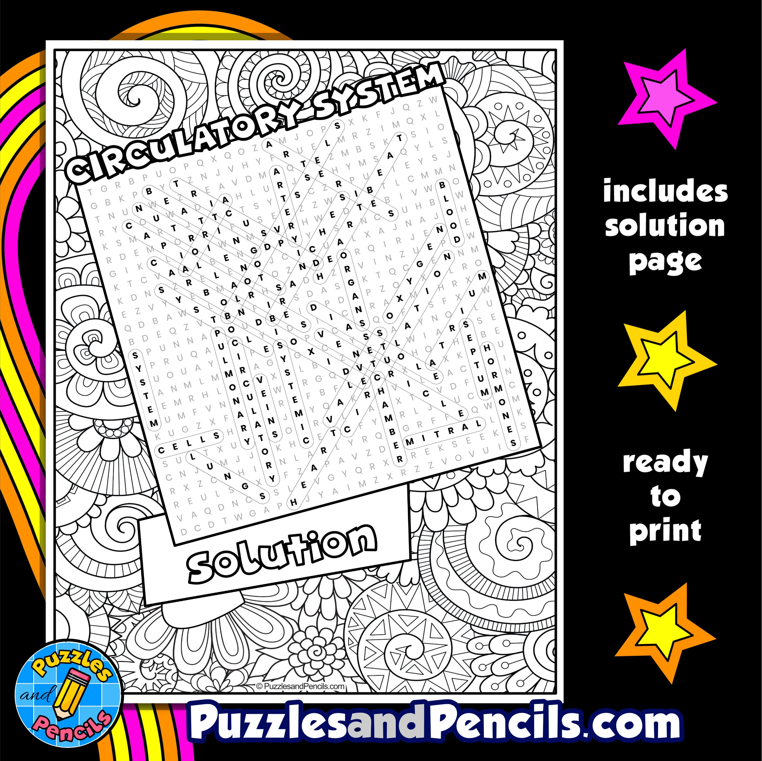Circulatory System Word Search Puzzle With Coloring Human Body 