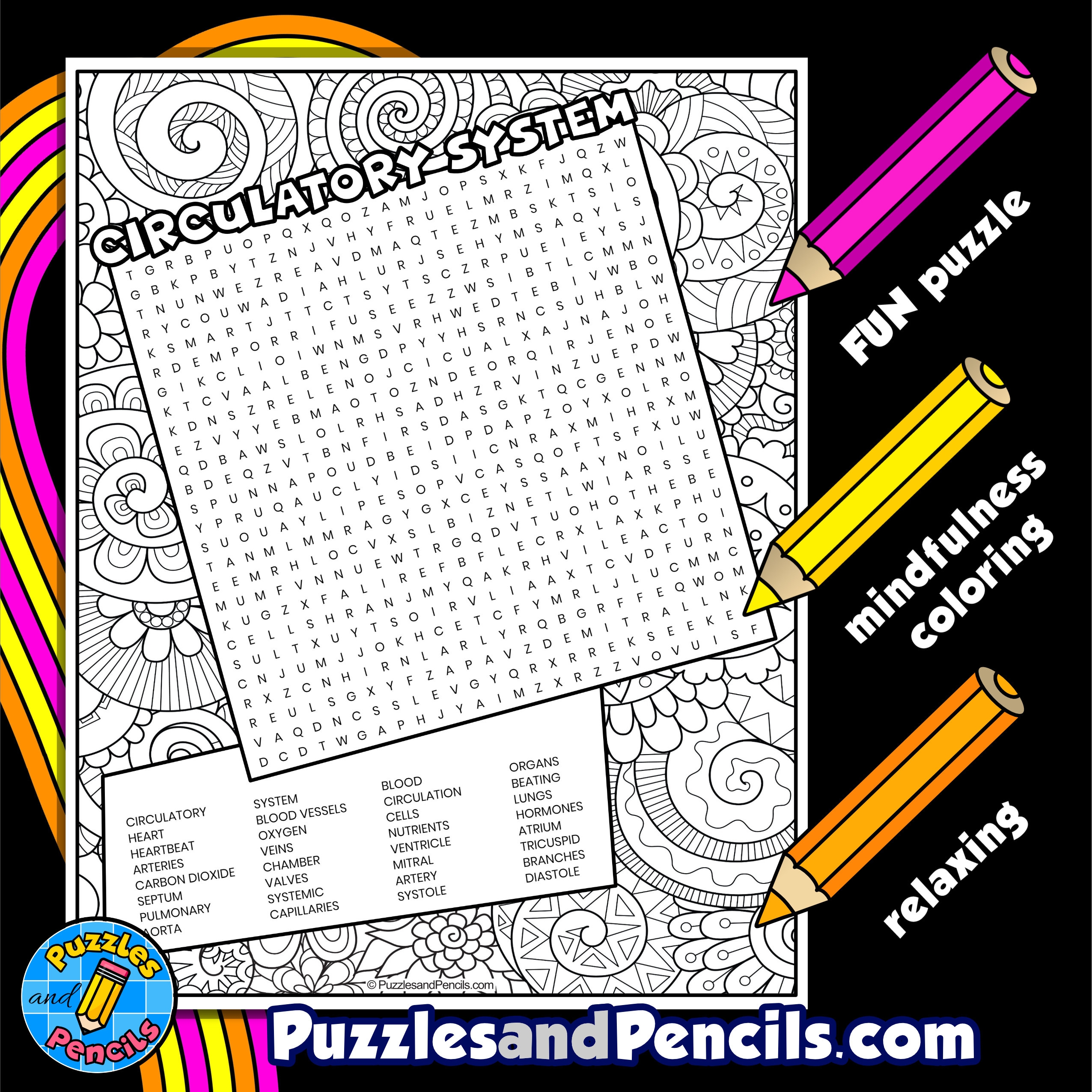 Circulatory System Word Search Puzzle With Coloring Human Body 