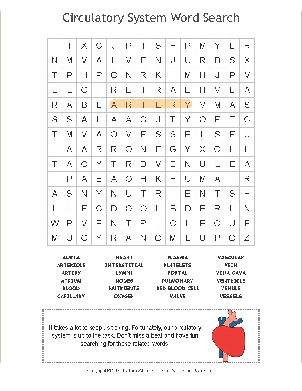 Circulatory System Word Search Circulatory System Word Search