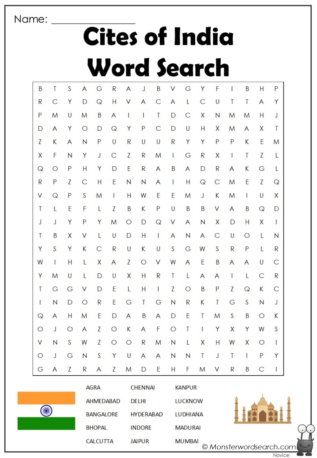 Cites Of India Word Search Monster Word Search