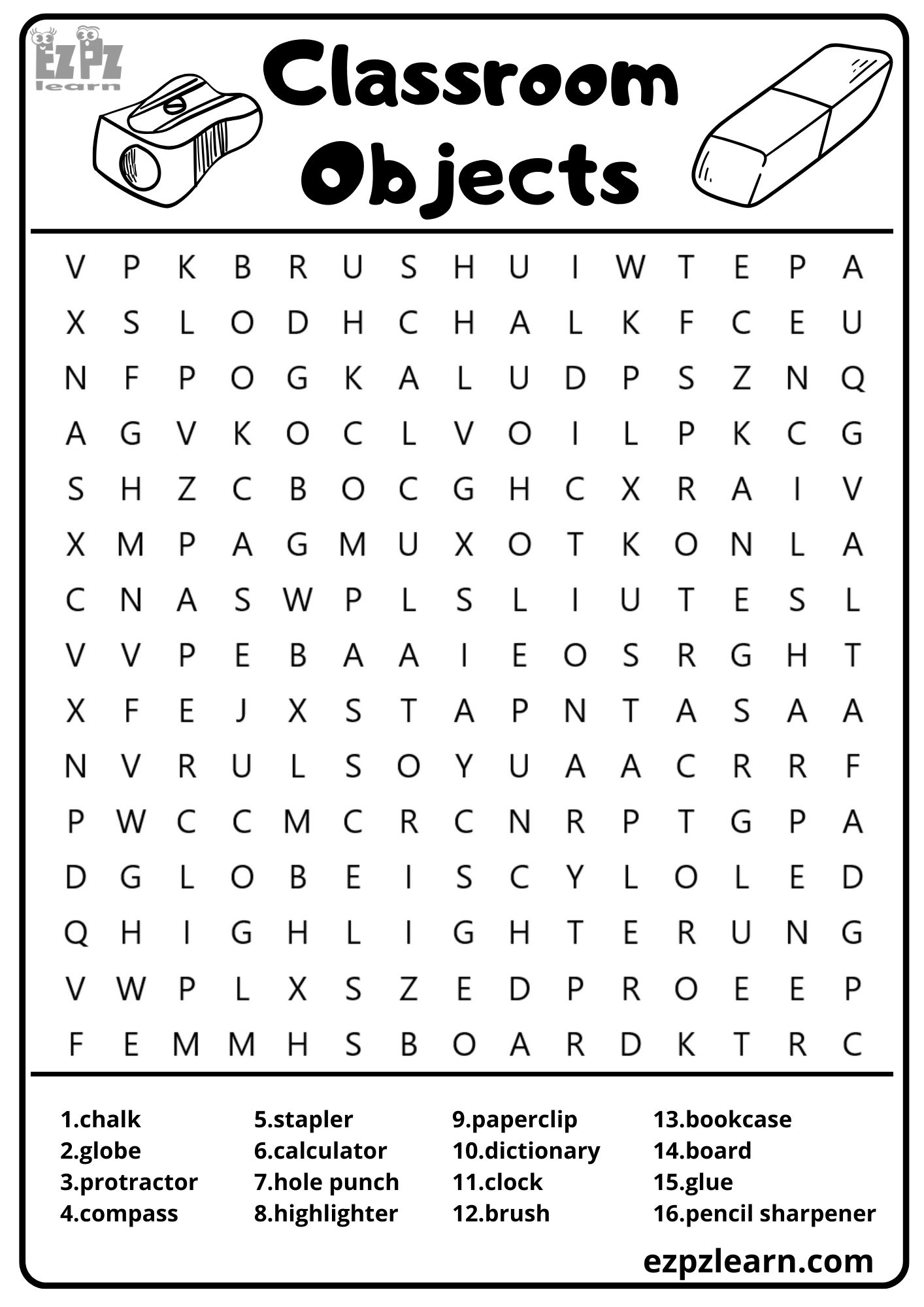 Classroom Objects Vocabulary Word Search For Kids And ESL 16 Words Classroom Objects Vocabulary Word Search For Kids And ESL 16 Words