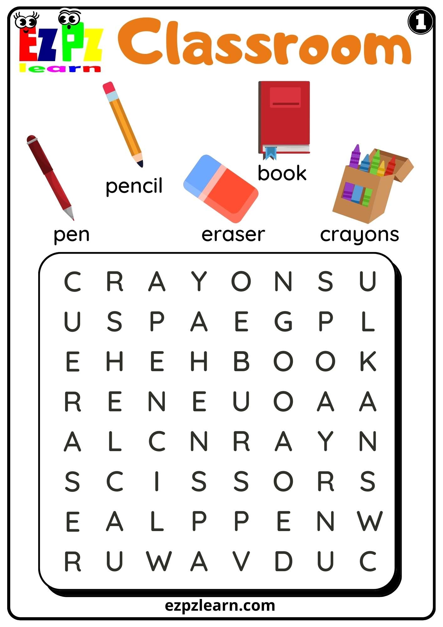 Classroom Objects Word Search Set 1 For Kids Ezpzlearn