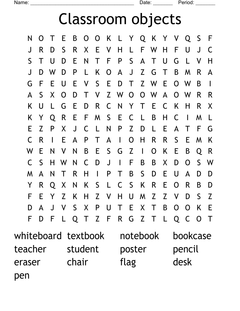 Classroom Objects Word Search WordMint