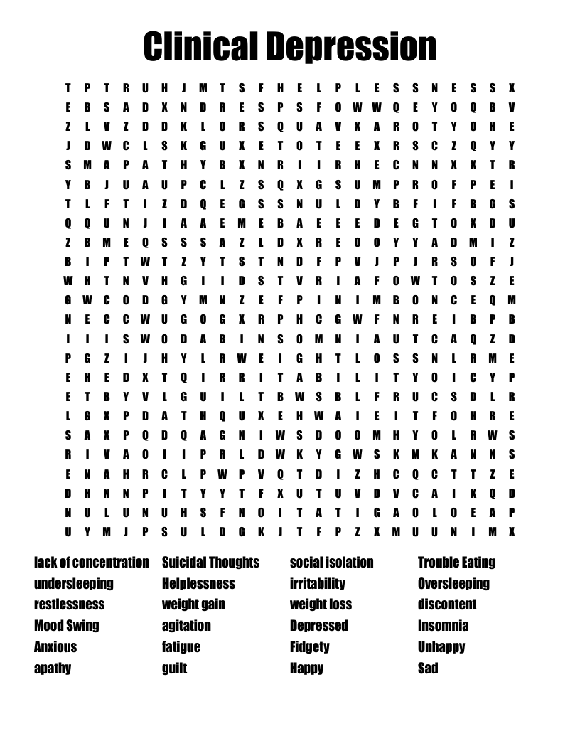 Clinical Depression Word Search WordMint