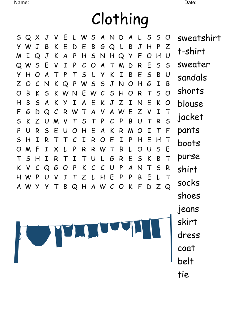 Clothing Word Search WordMint