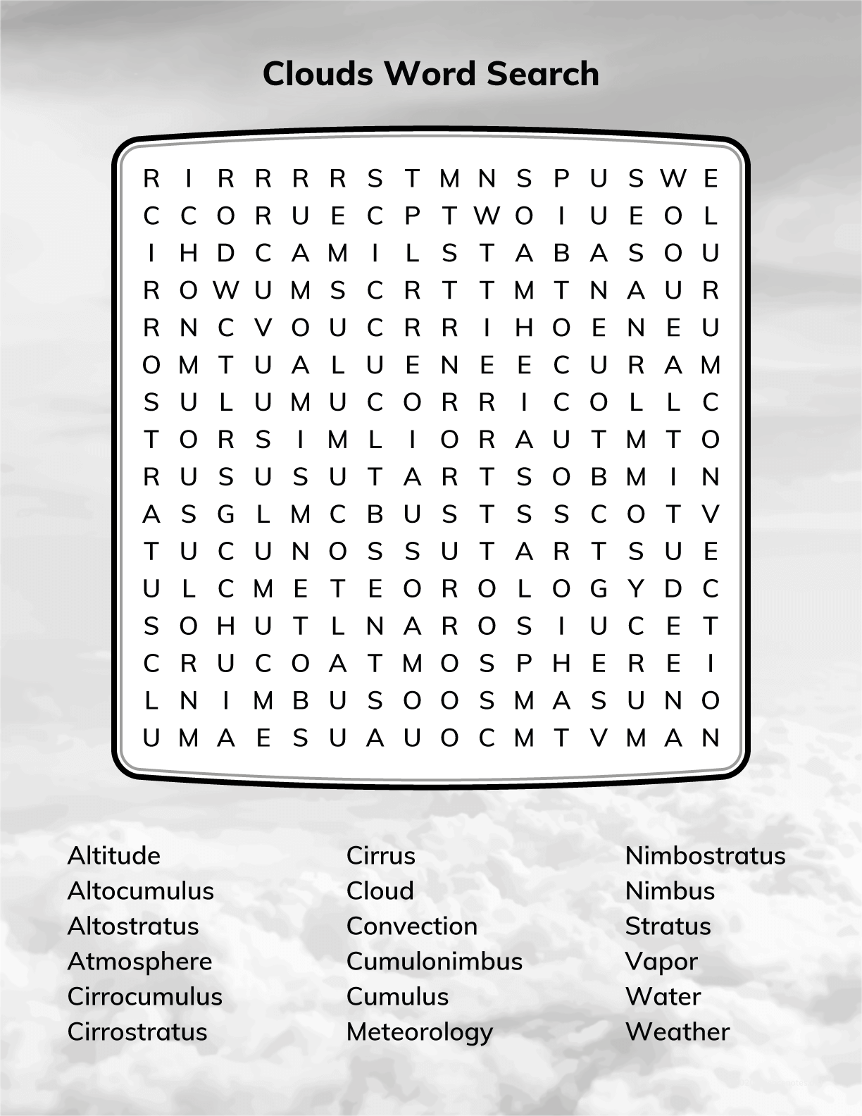 Clouds Word Search