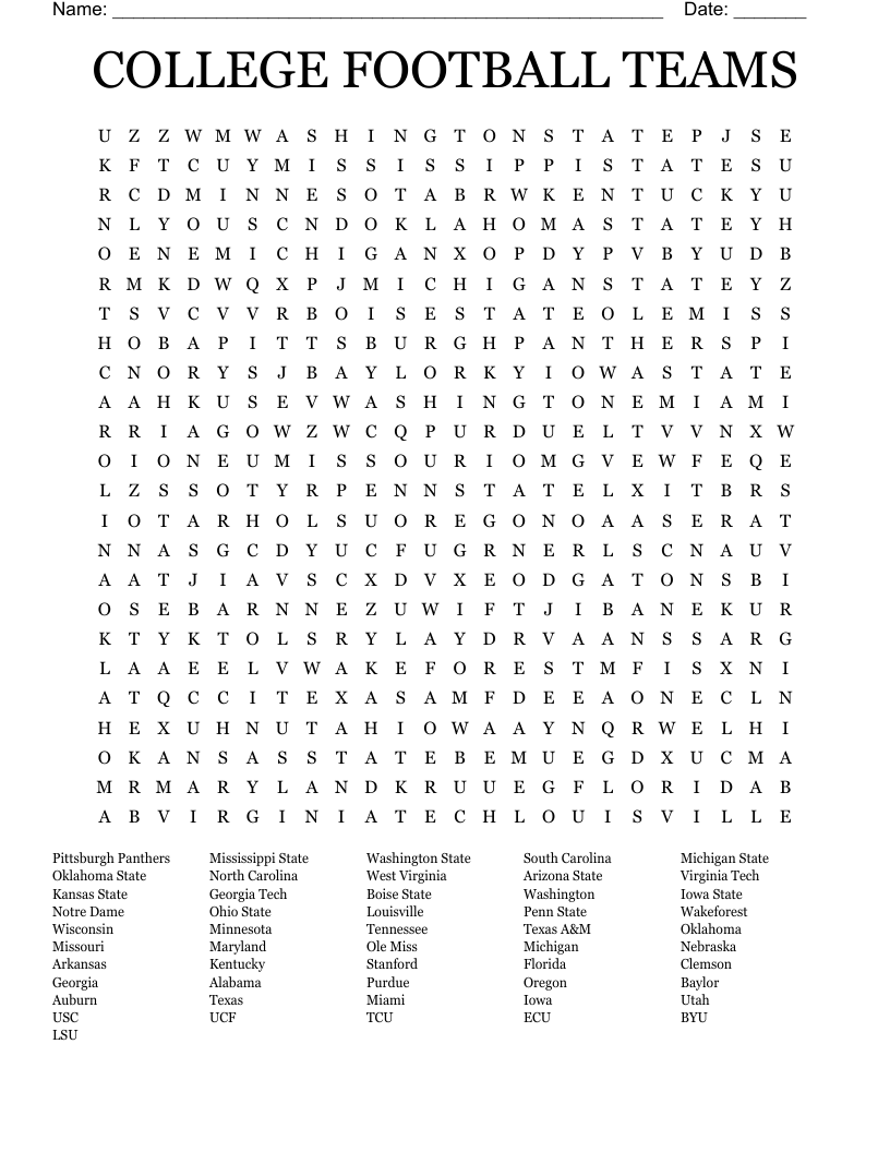 COLLEGE FOOTBALL TEAMS Word Search WordMint