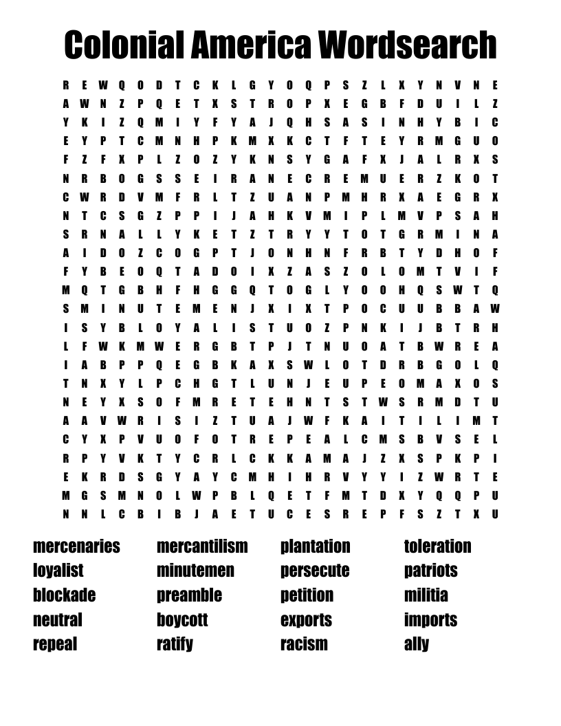 Colonial America Wordsearch WordMint Colonial America Wordsearch WordMint