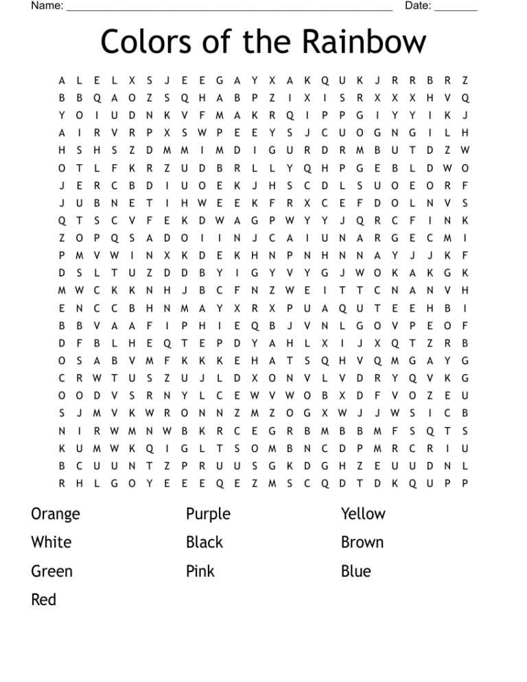Colors Of The Rainbow Word Search WordMint