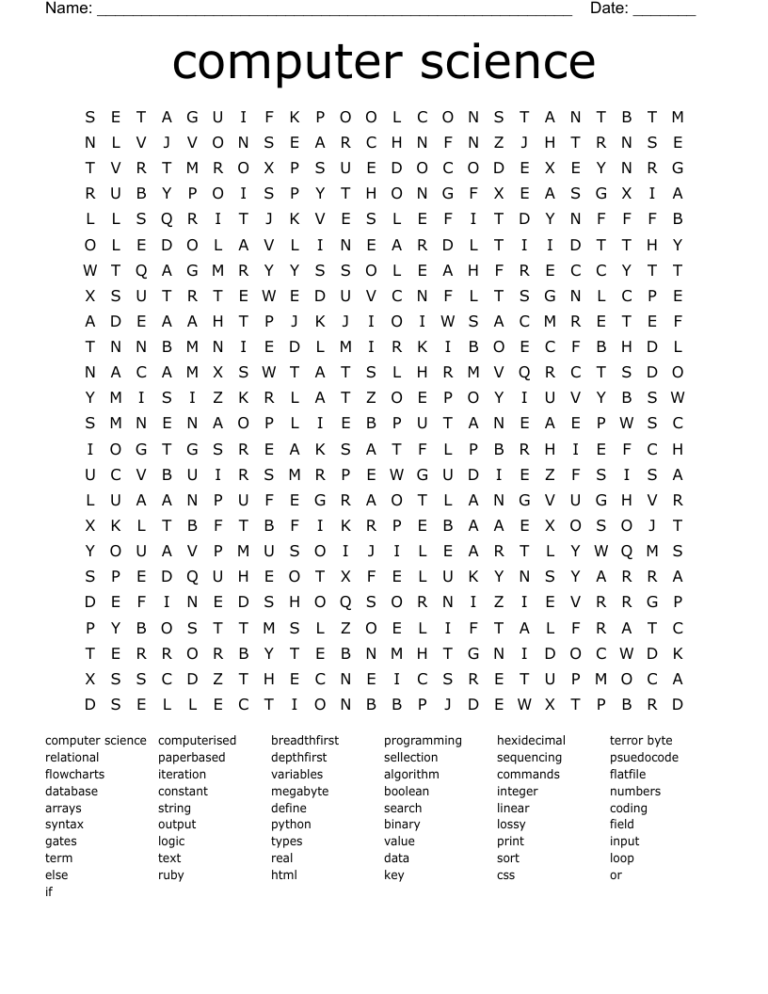 Computer Science Word Search WordMint