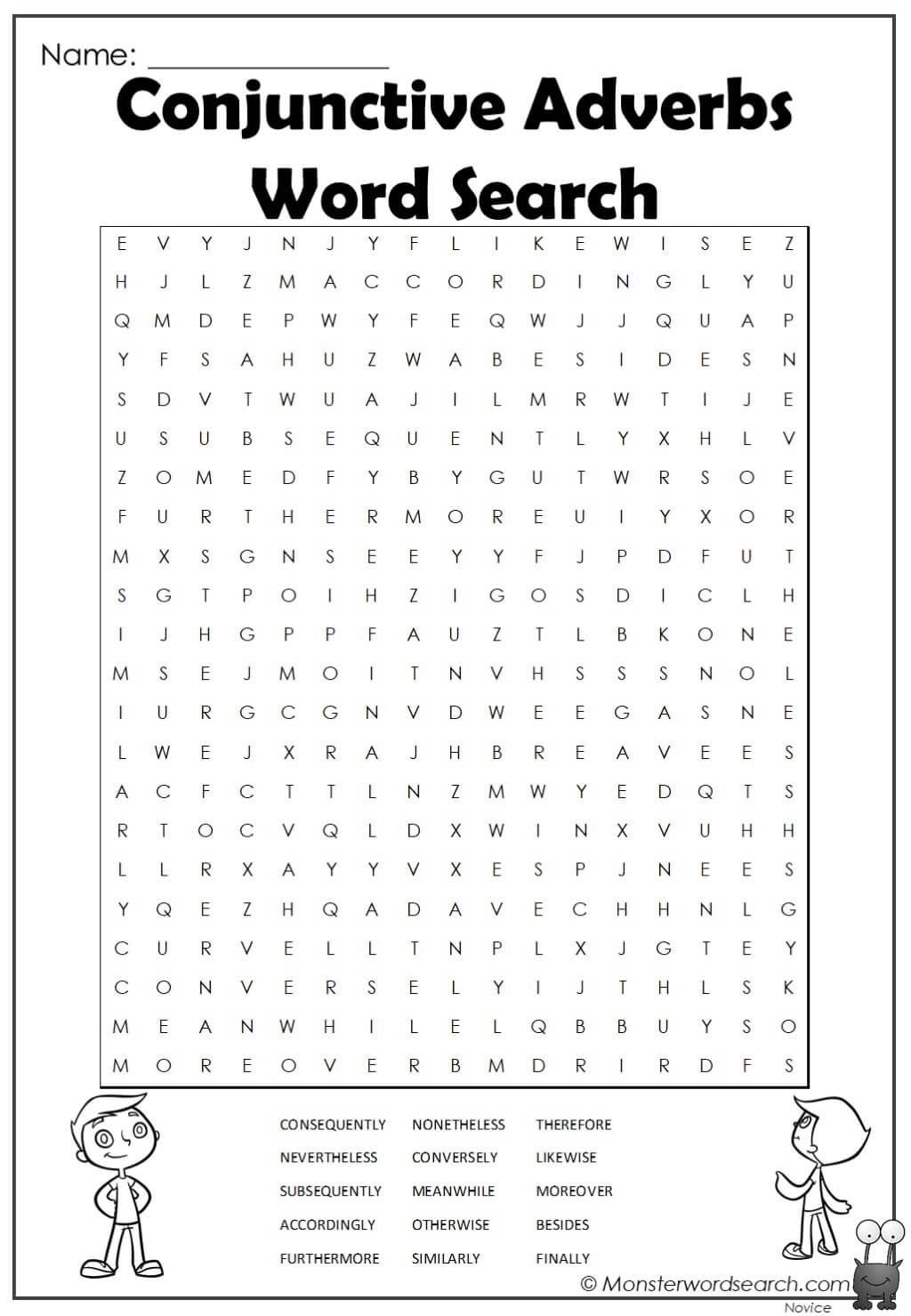 Conjunctive Adverbs Word Search Monster Word Search
