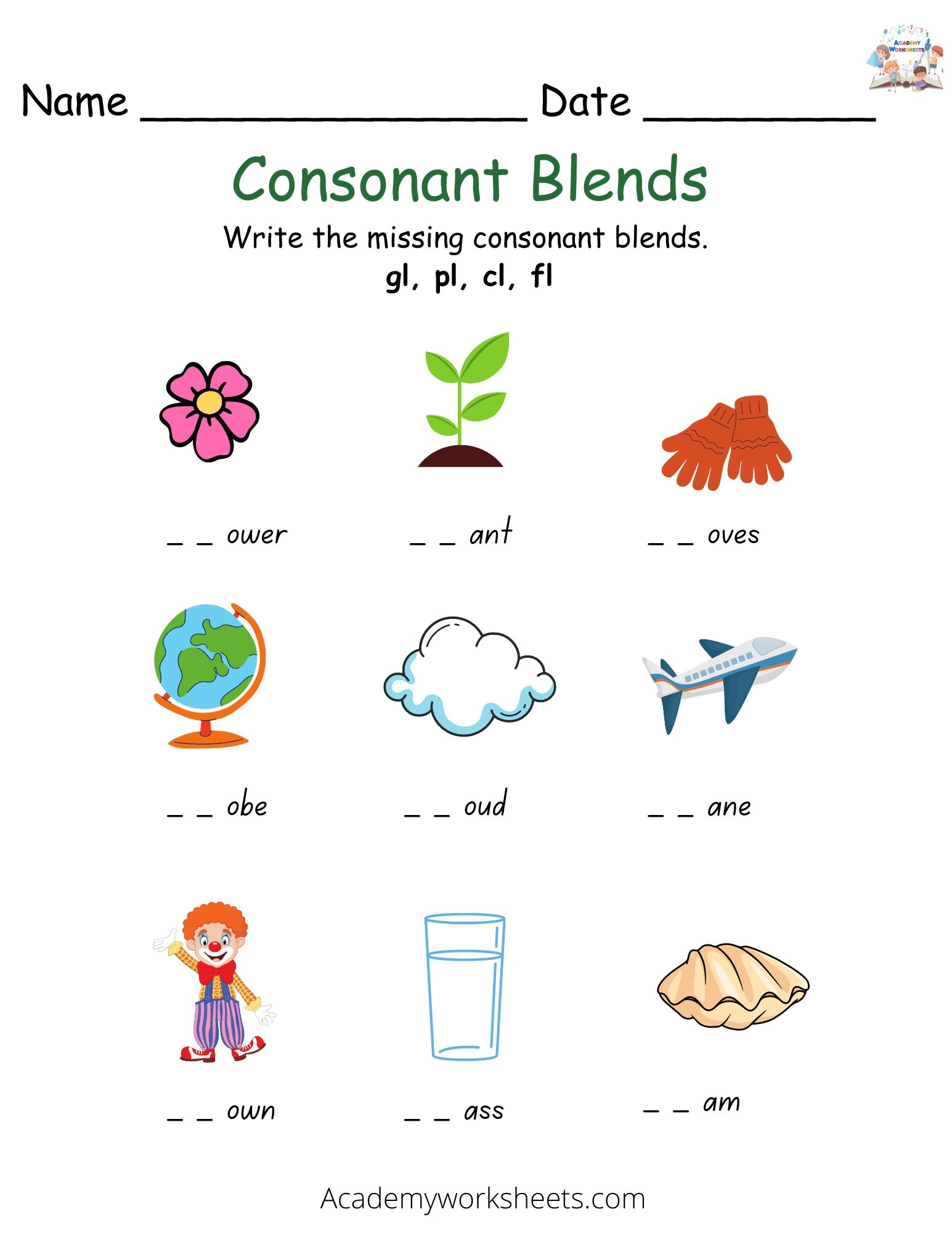 Consonant Blends Blends Fl Gl Wh Cl Academy Worksheets