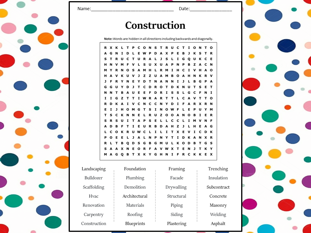 Construction Word Search Puzzle Worksheet Activity Teaching Resources