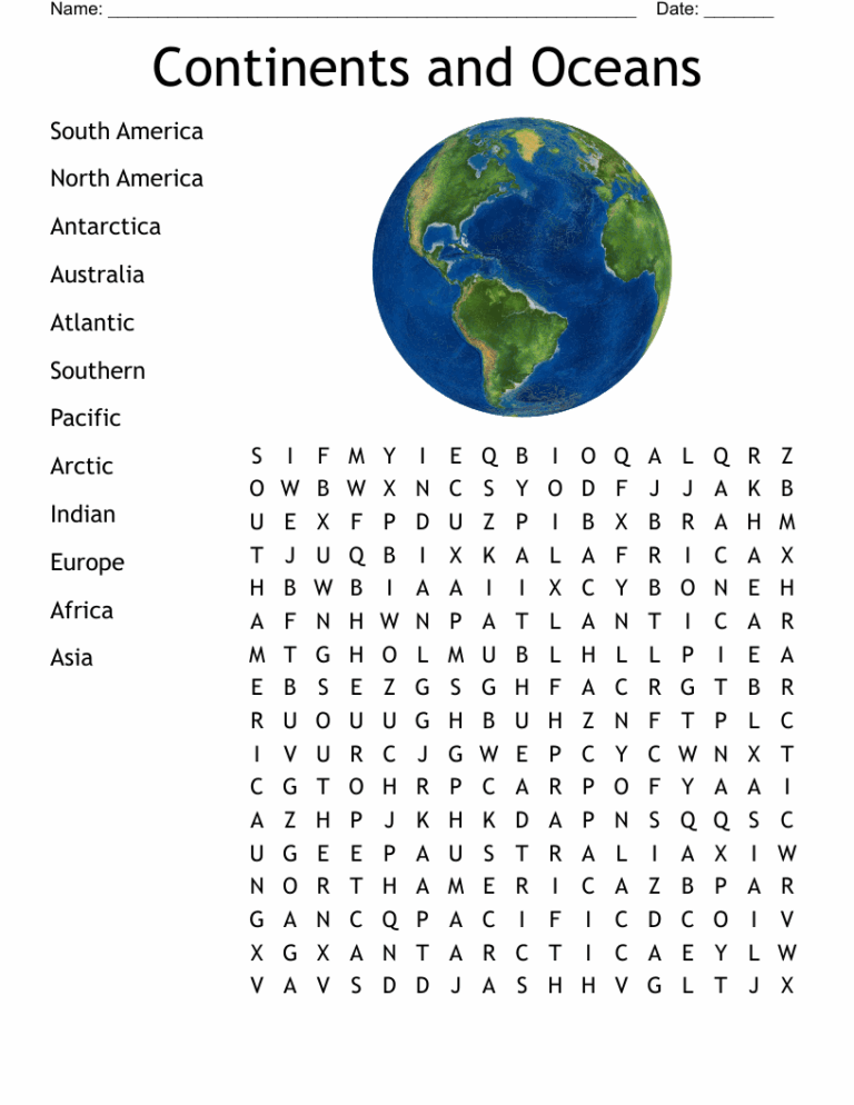 Continents And Oceans Word Search WordMint