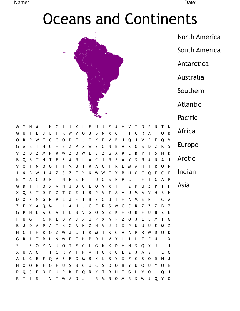 Continents And Oceans Word Search WordMint