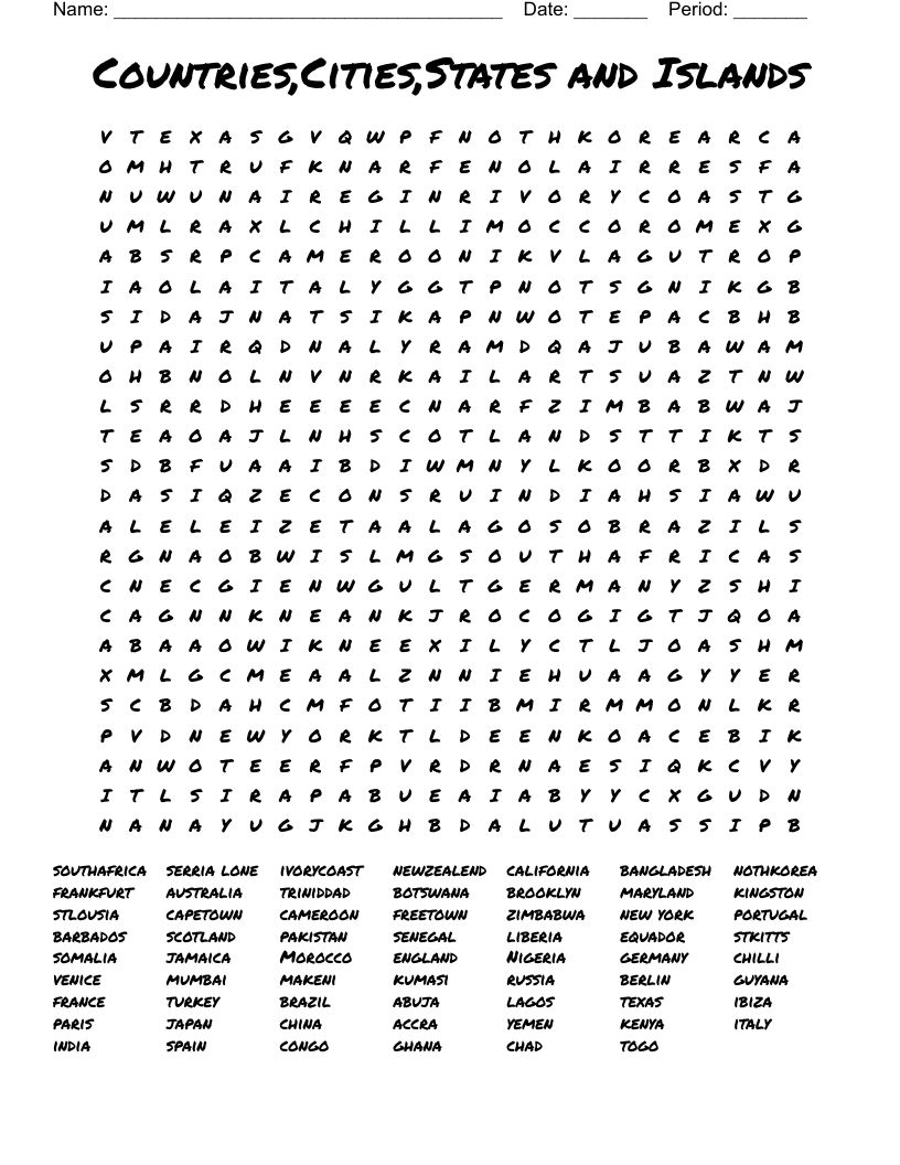 Countries Cities States And Islands Word Search WordMint